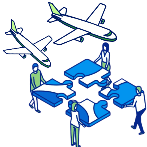 Illustration de personnes assemblant un puzzle avec des avions, symbolisant la collaboration logistique et la traçabilité Nexline