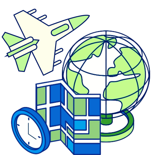 Illustration d’un avion, d’une carte et d’une horloge symbolisant la planification logistique mondiale avec Nexline