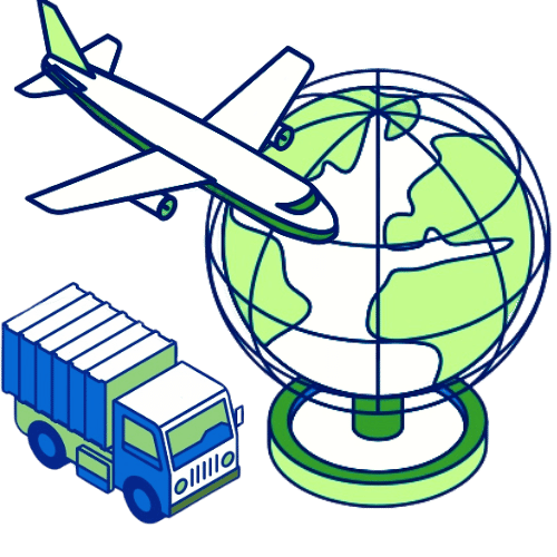 Illustration d’un avion, d’un camion et d’un globe représentant la traçabilité logistique mondiale terrestre et aérienne