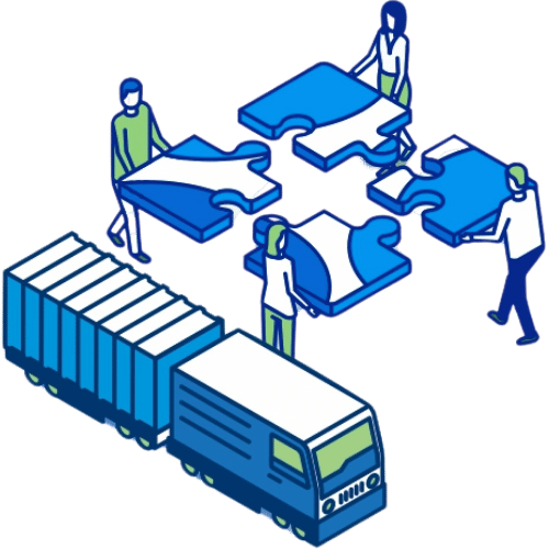 Illustration d’un camion et d’équipes réunissant des pièces de puzzle, symbolisant la logistique collaborative avec Nexline