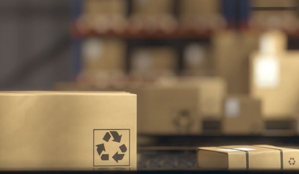 Recyclable packaging on automated conveyor, highlighting Nexline's eco-friendly logistics automation