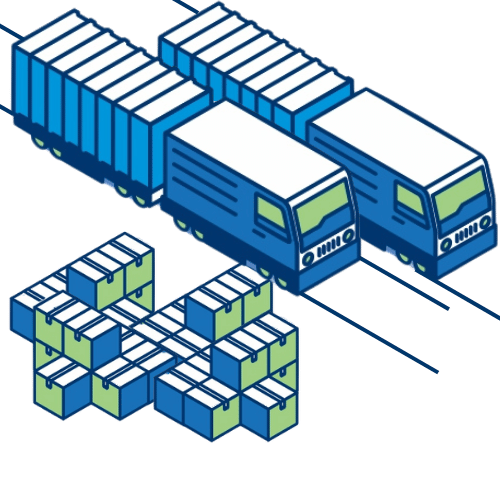 Illustration de camions et de colis symbolisant la traçabilité de la logistique terrestre via Nexline