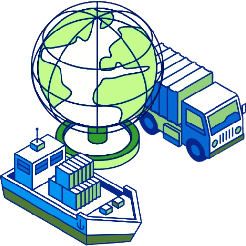 Navire de fret, camion et globe illustrant le transport maritime multimodal selon Nexline