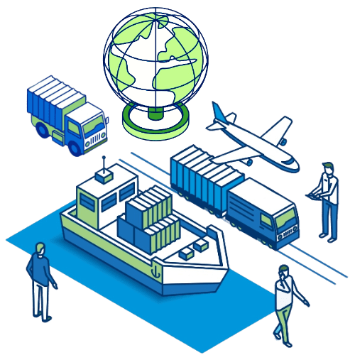 Illustration du transport terrestre, maritime et aérien avec globe et opérateurs – Nexline Group