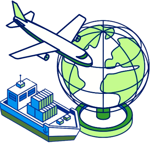 Illustration avec avion, navire et globe terrestre représentant le transport multimodal international selon Nexline
