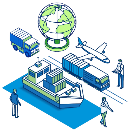 Illustration bateau, camions, avion et globe – logistique mondiale Nexline