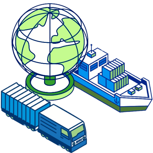 Illustration d’un camion, d’un navire et d’un globe représentant la traçabilité mondiale terrestre et maritime avec Nexline