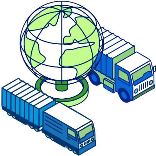Illustration de camions et globe terrestre représentant la traçabilité mondiale pour la logistique routière avec Nexline