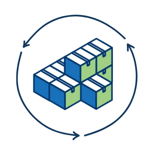 Icône de boîtes dans un cercle de flèches, représentant la logistique circulaire – Nexline Group