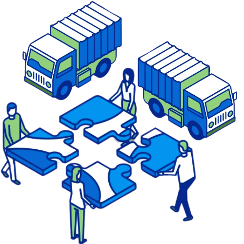 Équipe assemblant un puzzle avec camions – logistique intégrée Nexline