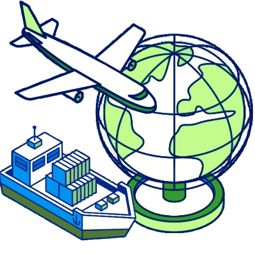 Illustration d’un avion, d’un navire et d’un globe représentant la traçabilité mondiale maritime et aérienne avec Nexline