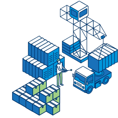 Illustration de palettes, camion et opérateur logistique, représentant la gestion d’entrepôt de Nexline