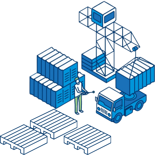 Grue chargeant un camion dans une zone logistique avec palettes et conteneurs – Nexline Group