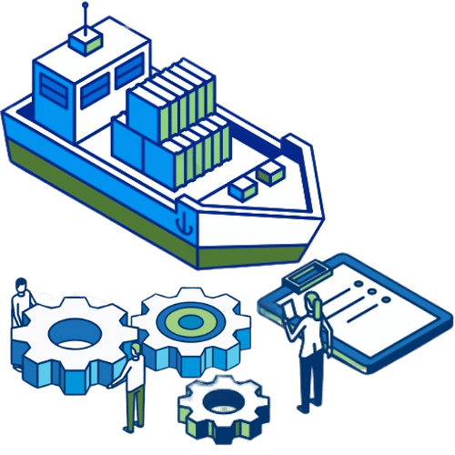 Processus logistiques illustrés avec engrenages, checklist et navire de fret – Nexline Group