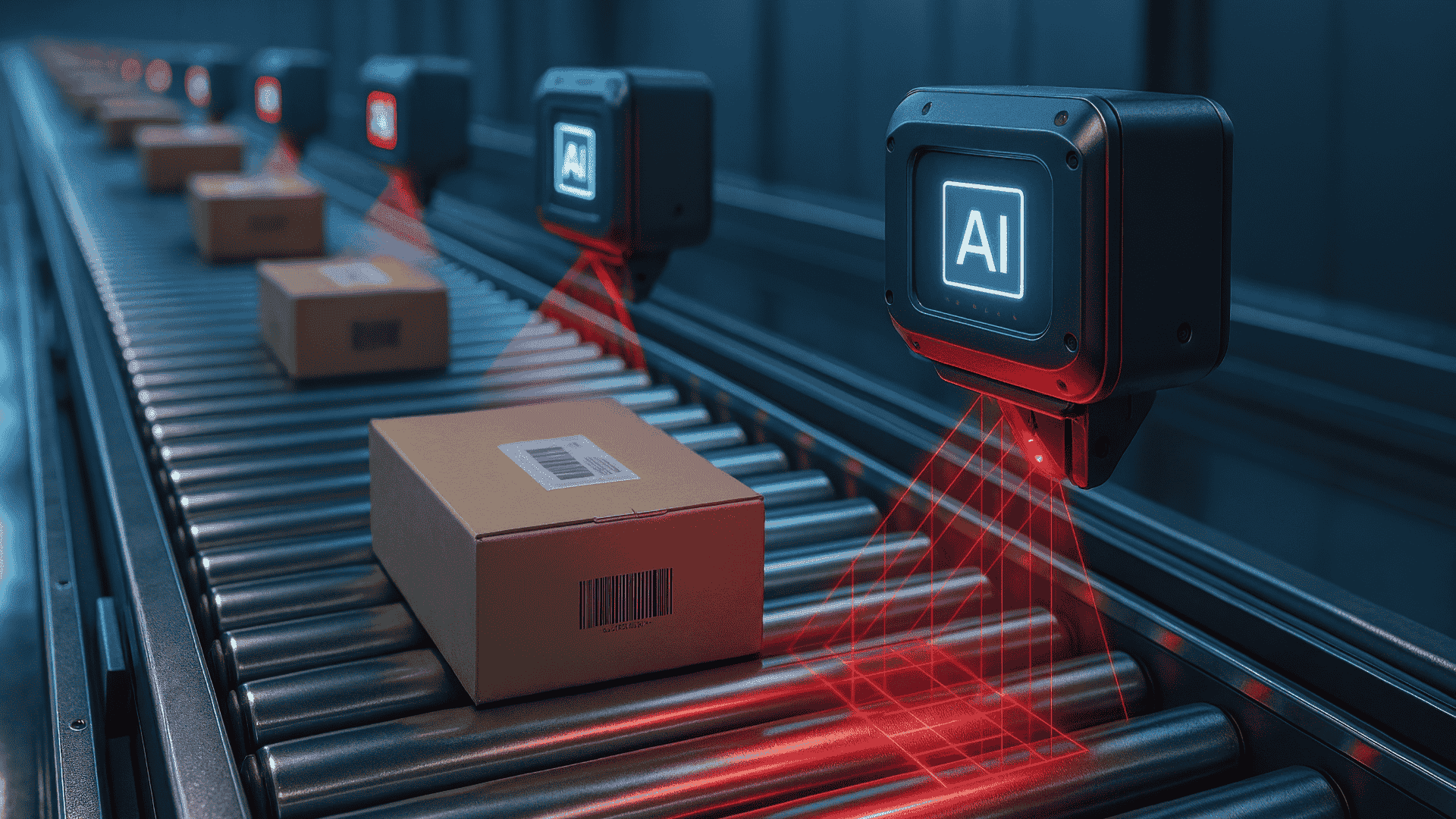 Artificial intelligence sensor scanning packages on a conveyor belt, logistics automation with Nexline