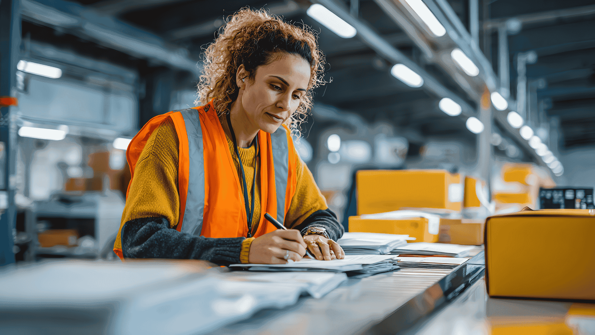 Experte logistique de Nexline vérifiant des rapports MACF dans un entrepôt international