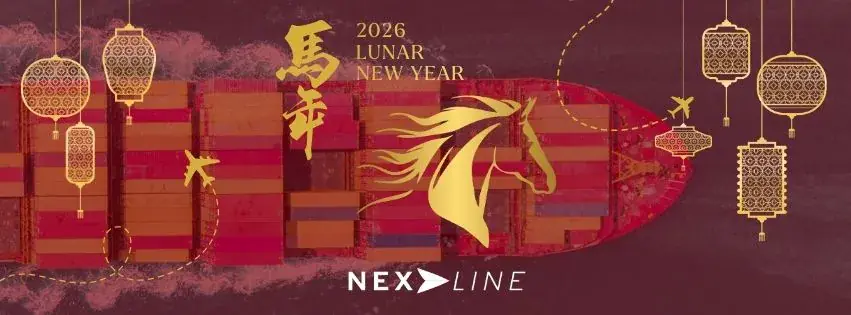 Chinese New Year 2026 Year of the Fire Horse with container vessel symbolizing impact on global supply chain managed by Nexline