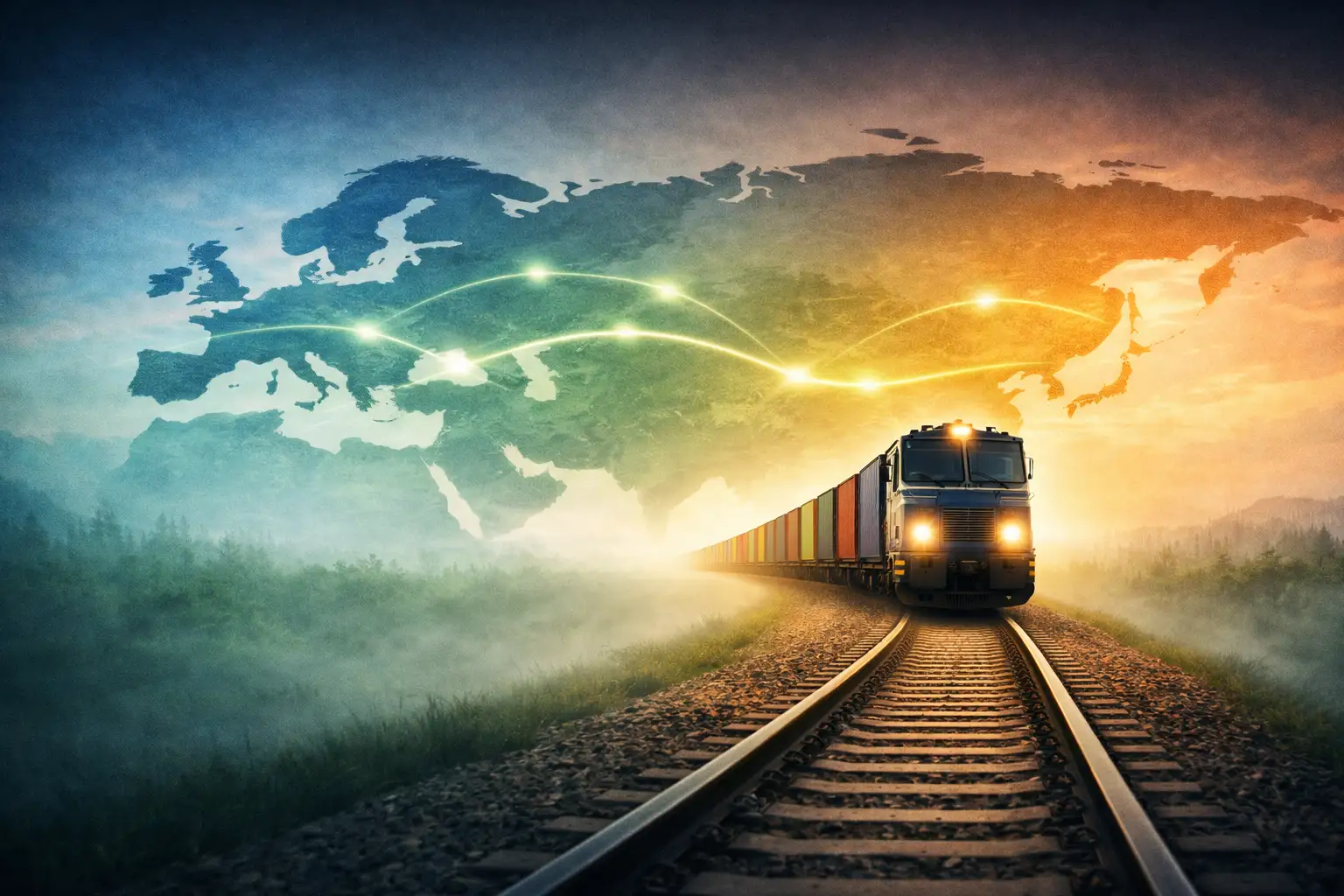 Transport ferroviaire de marchandises entre l’Europe et l’Asie illustrant un réseau logistique international