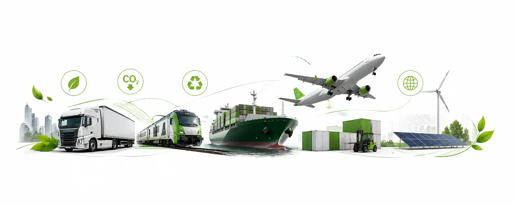 Transition énergétique logistique avec camion train cargo navire porte-conteneurs avion fret et solutions de transport durable par Nexline Group