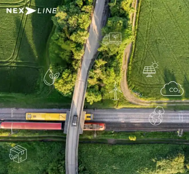 Transport durable et transition énergétique avec train de marchandises sous pont routier au cœur de la nature illustrant la logistique verte par Nexline Group