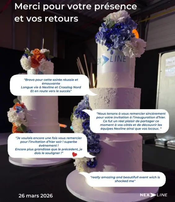 Nexline France anniversary cake at corporate event highlighting international logistics company branding