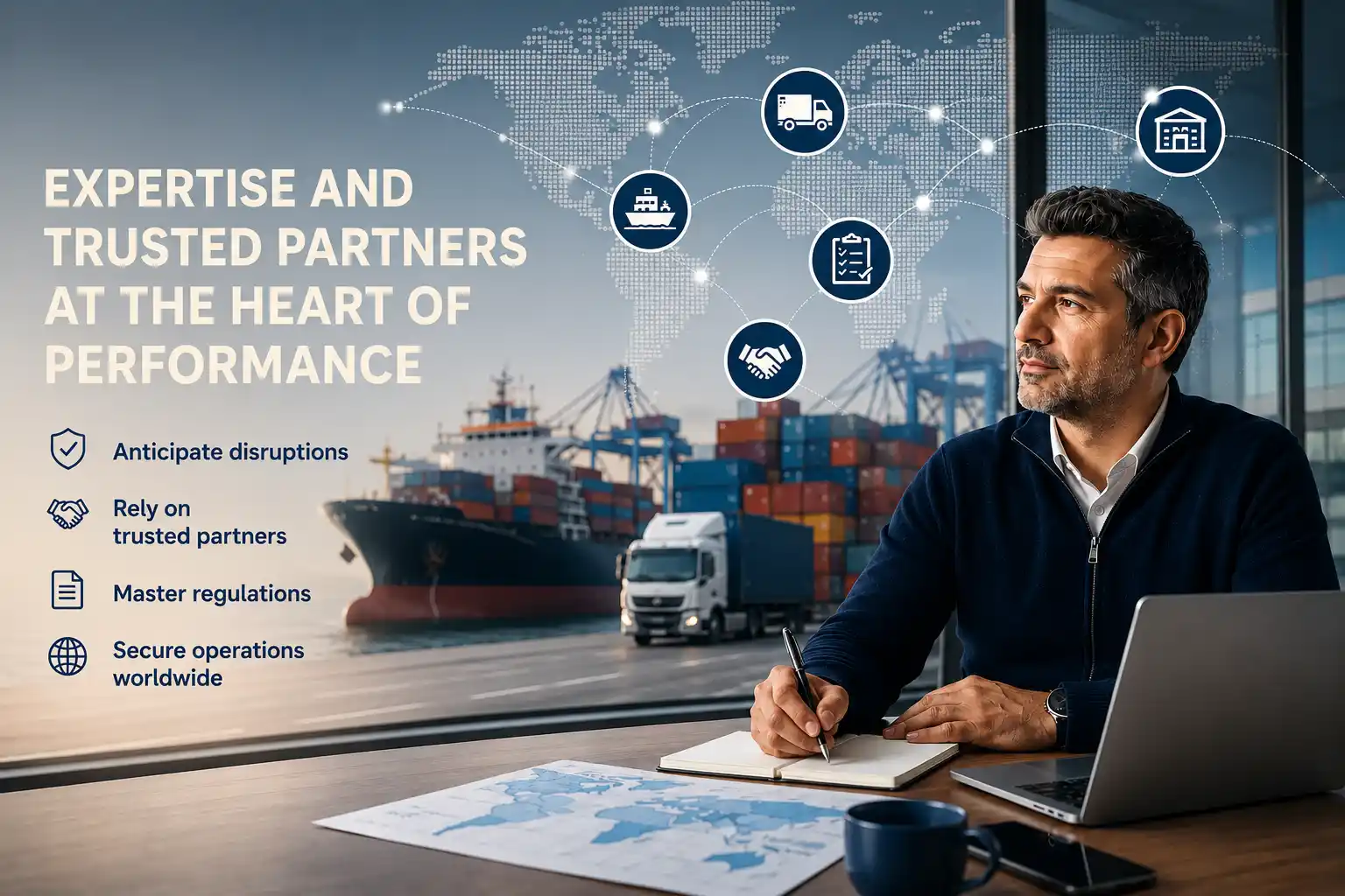 International logistics expert coordinating global operations and trusted partners in a supply chain environment
