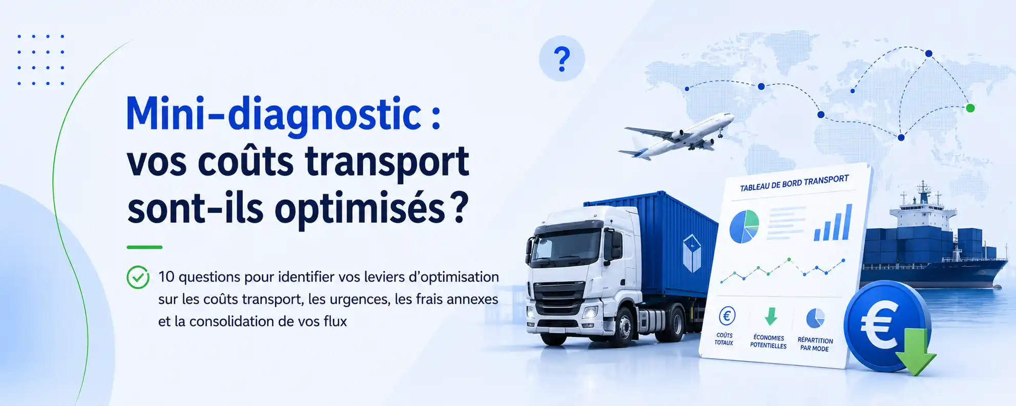 Mini-diagnostic sur l’optimisation des coûts transport avec camion, cargo, avion et tableau de bord logistique.