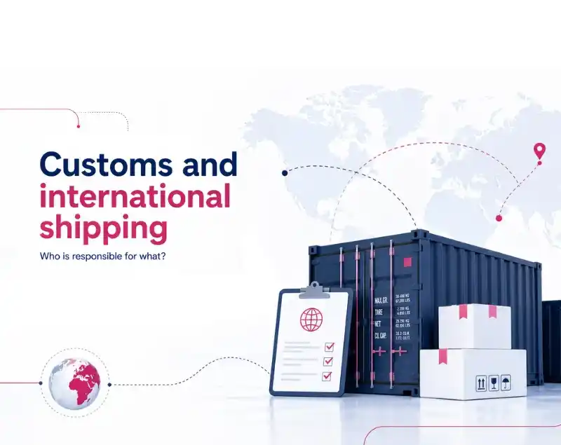 Visual about customs and international shipping, showing containers, documents and global routes to explain responsibility in international shipments.