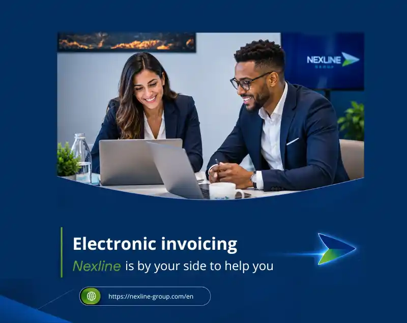 Professional visual about electronic invoicing 2026 with Nexline, showing a business meeting and companies preparing for the reform.