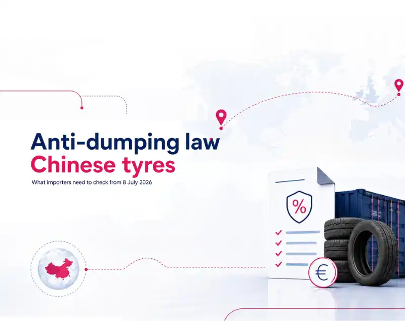 Anti-dumping law on Chinese tyres, with tyres, customs document, container and trade route between China and Europe.