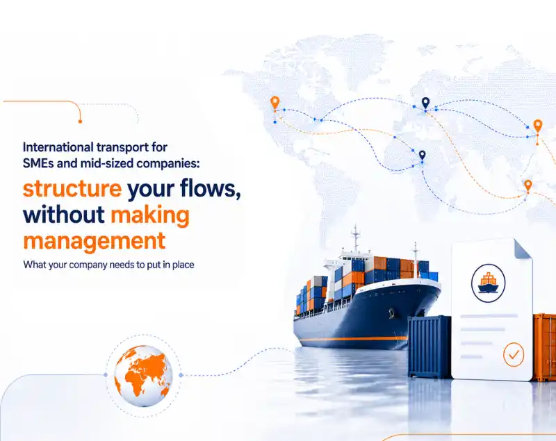 Container ship, cargo containers and global trade routes illustrating international transport for SMEs and mid-sized companies.