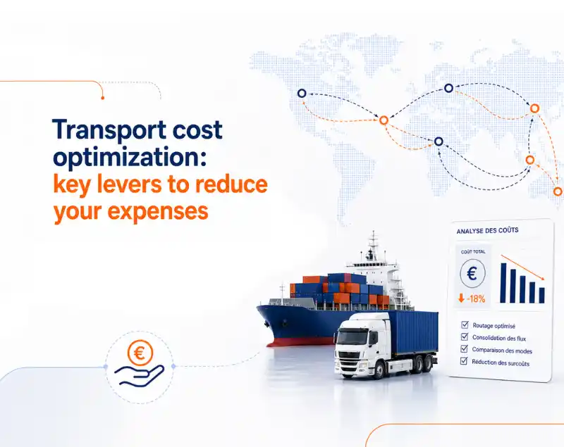 Transport cost optimization visual with cargo ship, truck, world map and cost analysis dashboard.