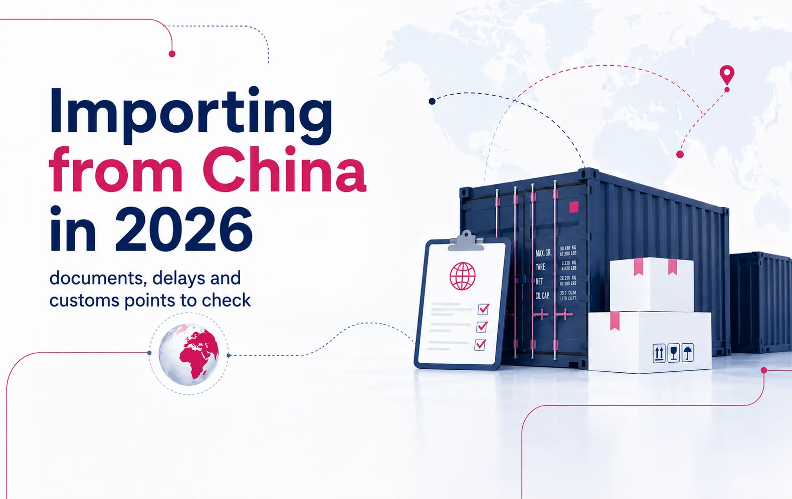 Illustration logistique sur l’importation depuis la Chine en 2026, avec conteneurs, documents douaniers, colis et routes internationales.
