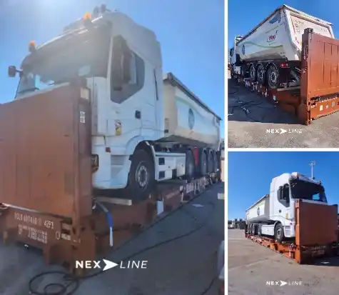 Truck loaded on a Flat Rack for an international ocean freight operation between Le Havre and Mayotte.