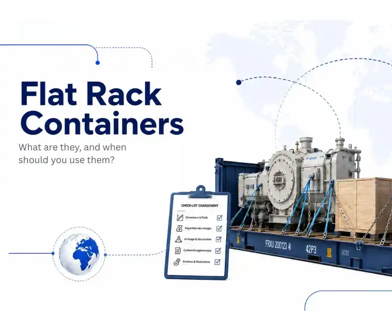 Flat Rack container used to transport an industrial machine and a crate in international sea freight.