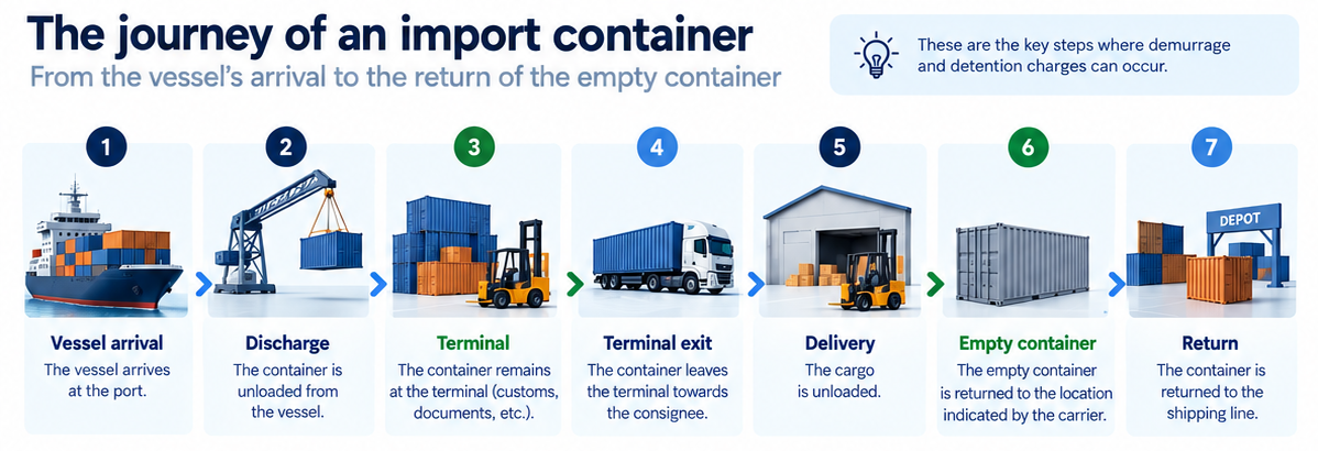 The journey of an import container from vessel arrival to empty container return