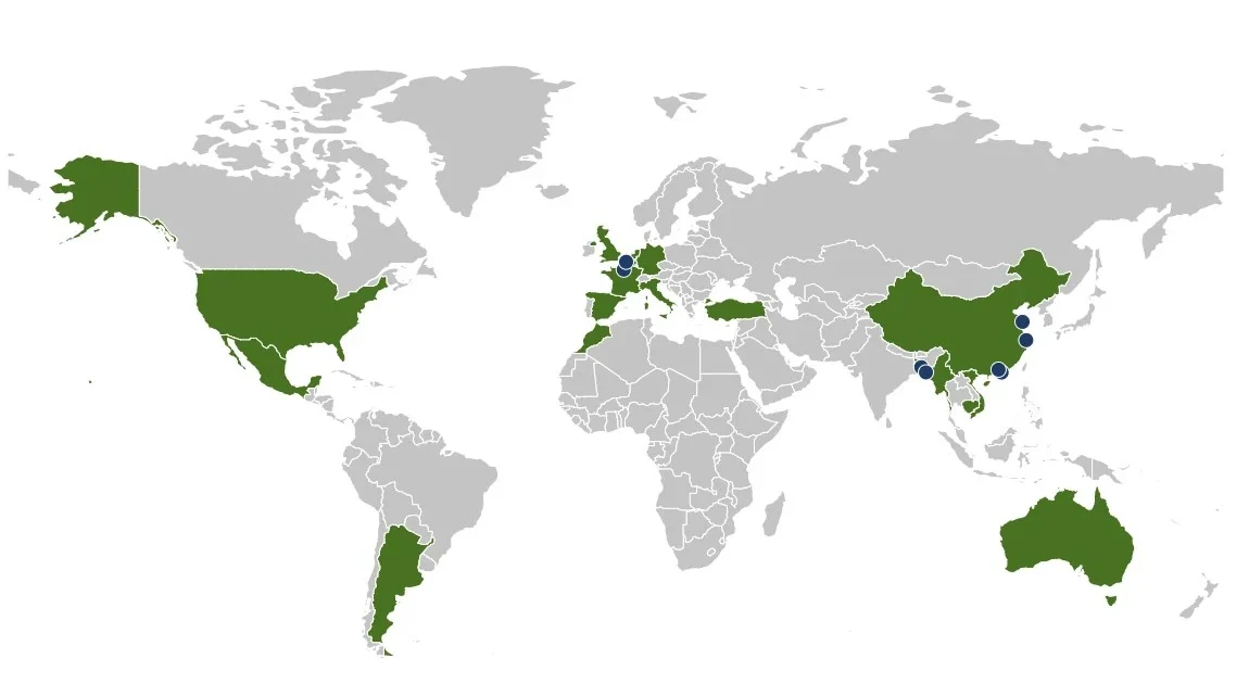 World map showing Nexline’s international offices and global presence, including Bangladesh.