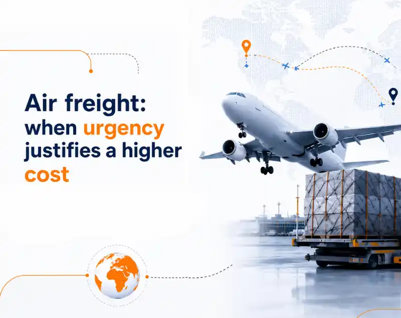Air freight shipment with aircraft, cargo pallet and international routes illustrating when urgency justifies a higher transport cost.