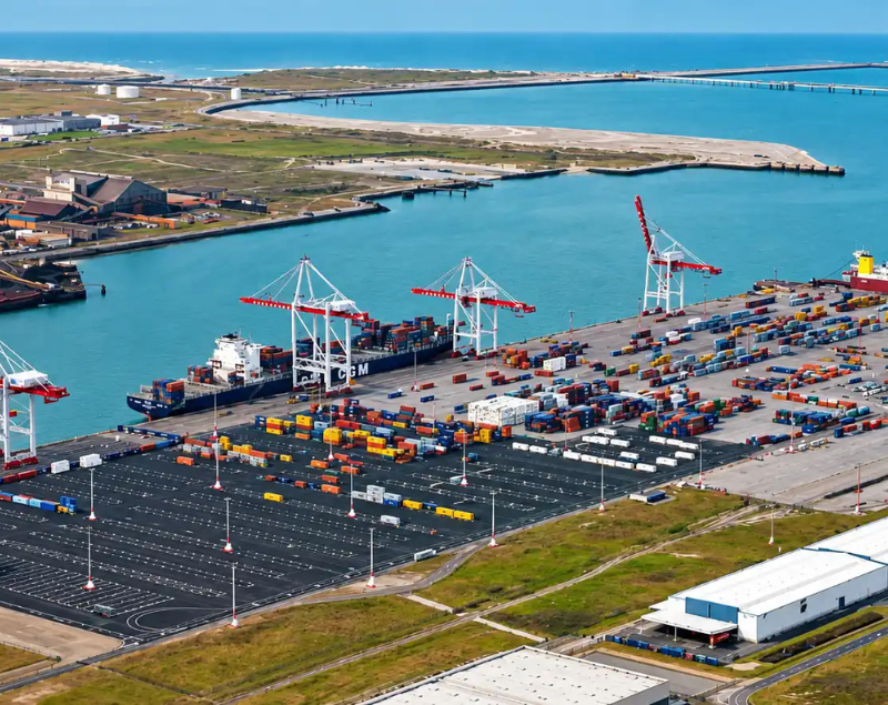 Aerial view of Terminal des Flandres Dunkirk and its container operations