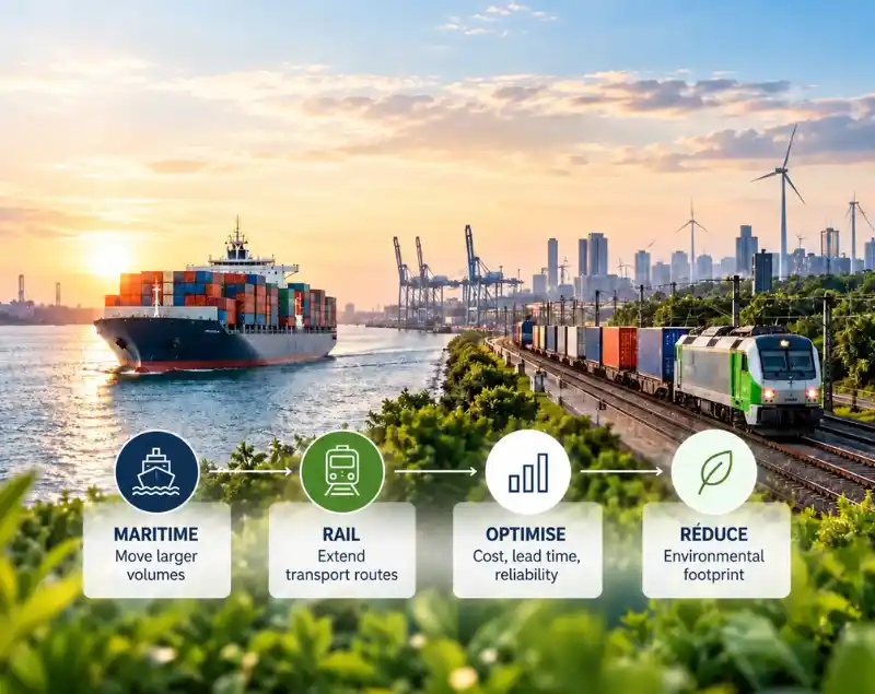 Sustainable supply chain with maritime and rail transport solutions.