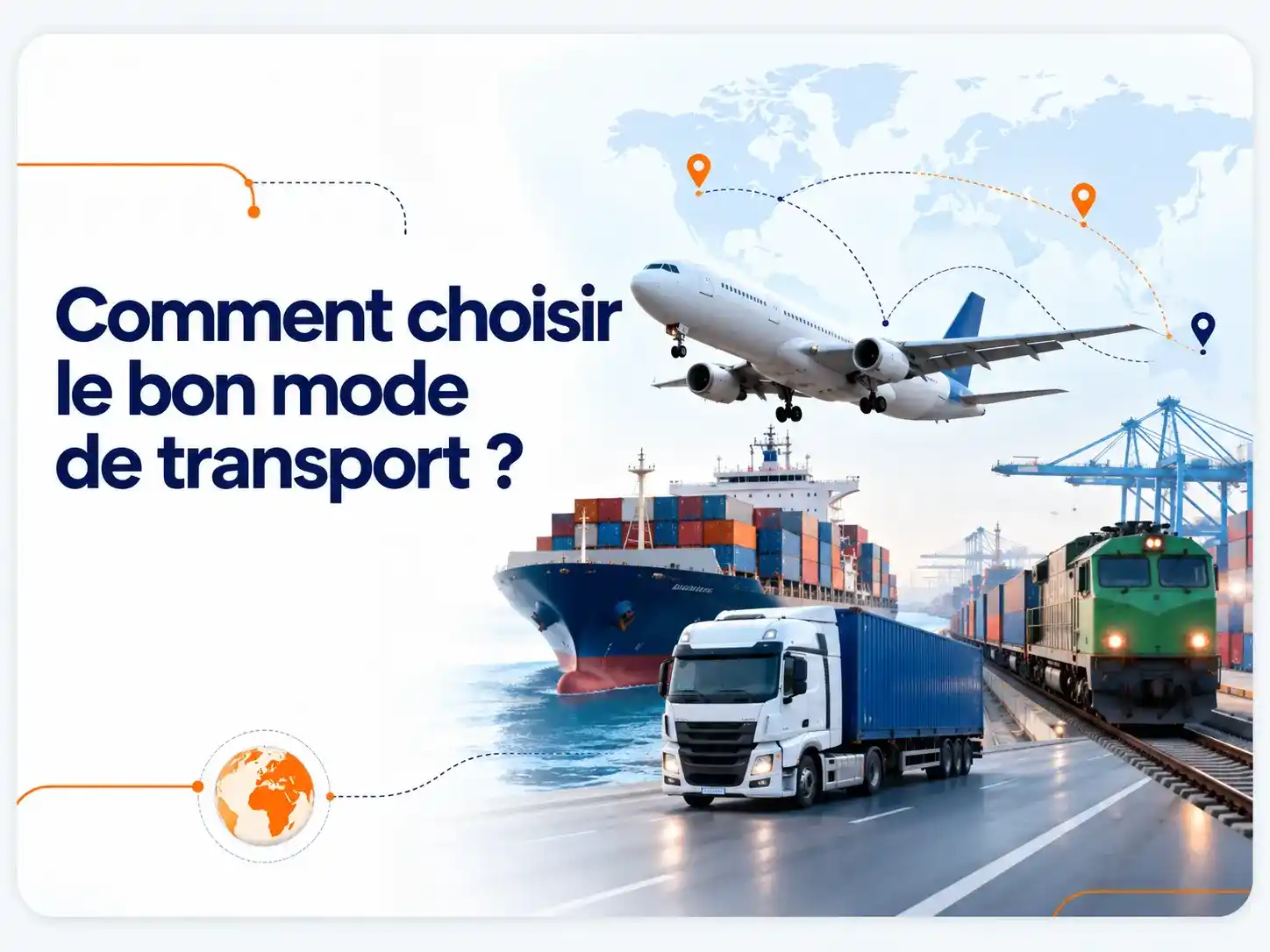 Illustration des quatre modes de transport de marchandises à l'international : fret maritime, aérien, routier et ferroviaire.