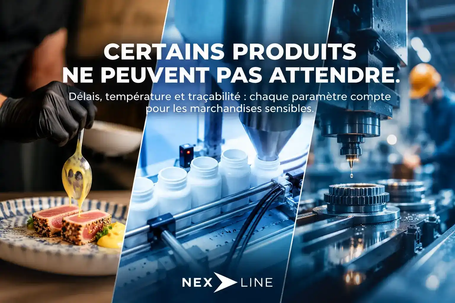 Visuel illustrant la certification IATA de Nexline France, avec des produits gastronomiques, pharmaceutiques et des pièces industrielles nécessitant un transport aérien rapide et adapté.