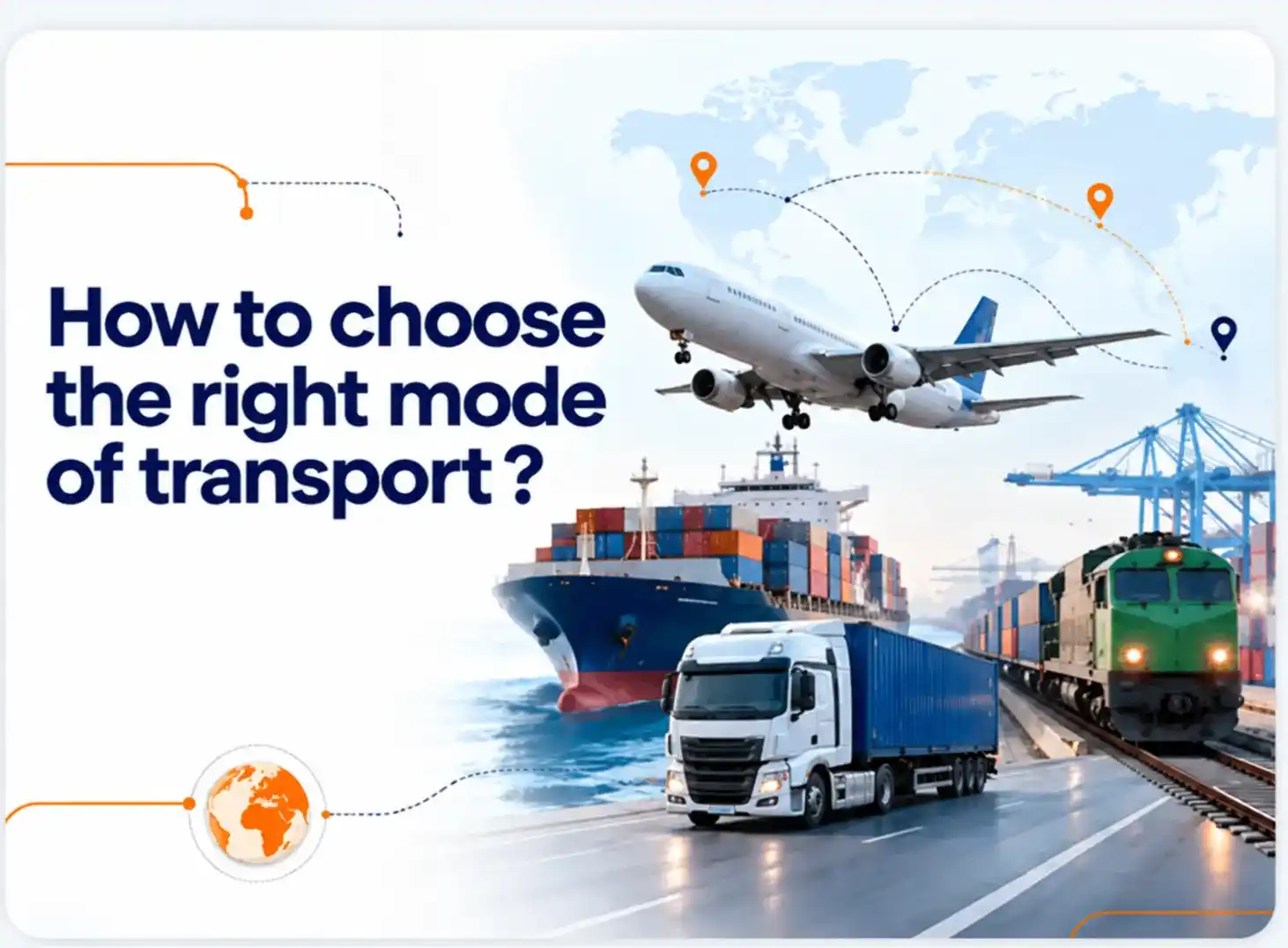 Illustration of international freight transport by air, sea, road and rail, featuring a cargo ship, airplane, truck and train to help choose the right mode of transport.