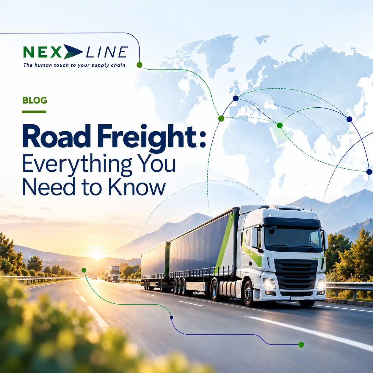 Road freight transport on a highway with a truck and global logistics routes