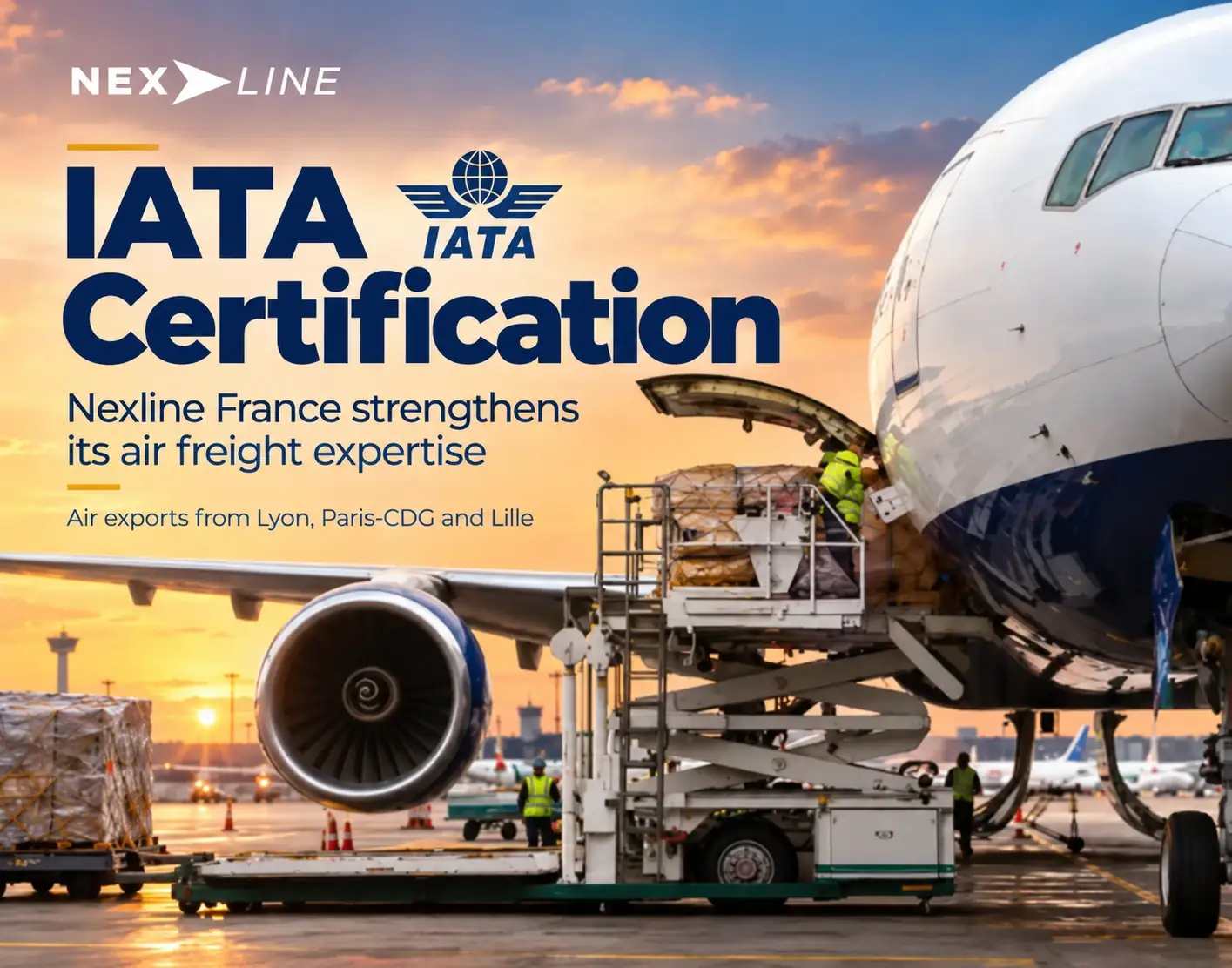 Cargo aircraft being loaded with freight at an airport, highlighting Nexline France's IATA certification and international air freight expertise.