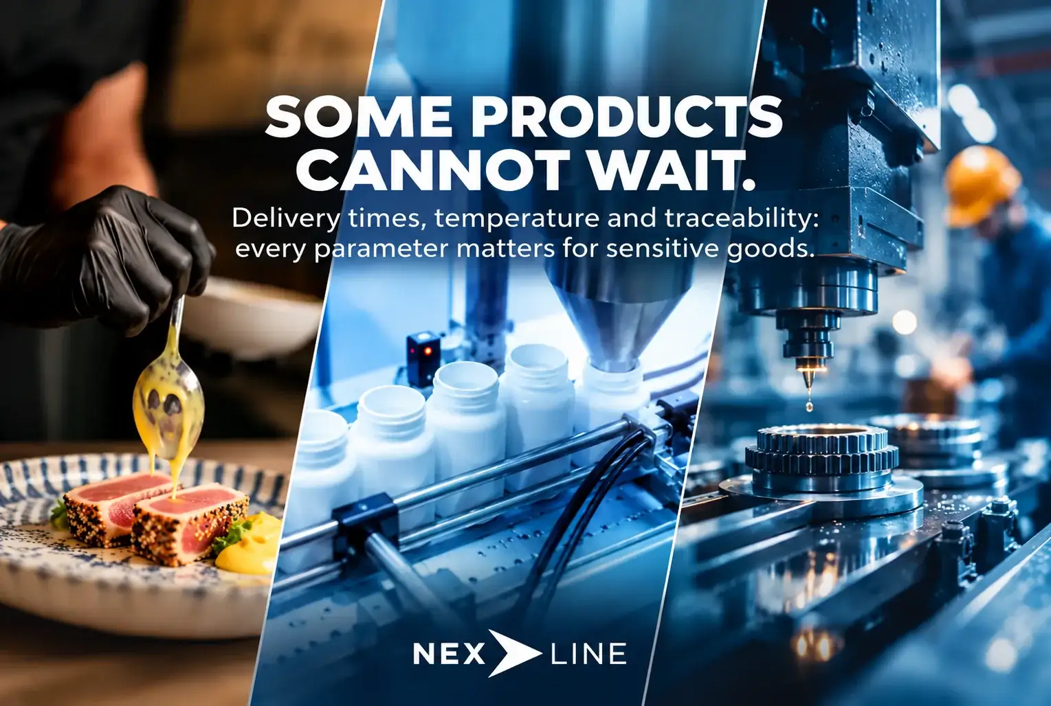 Alt text (English):
Premium food, pharmaceutical production and industrial machinery illustrating time-sensitive goods that require fast, reliable air freight solutions from Nexline.