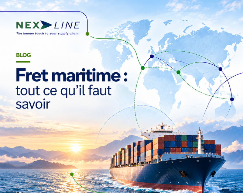Illustration Nexline d’un porte-conteneurs en mer avec carte du monde, pour un article de blog sur le fret maritime.