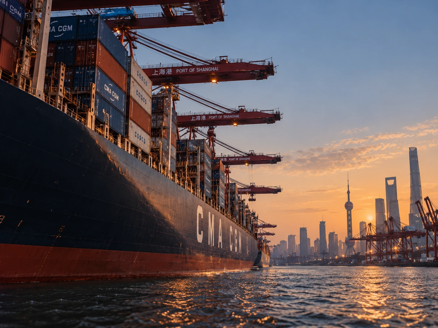 Porte-conteneurs dans le port de Shanghai en Chine, entouré de grues portuaires, illustrant le transport maritime et la logistique internationale.