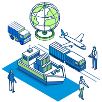 Illustration bateau, camions, avion et globe – logistique mondiale Nexline